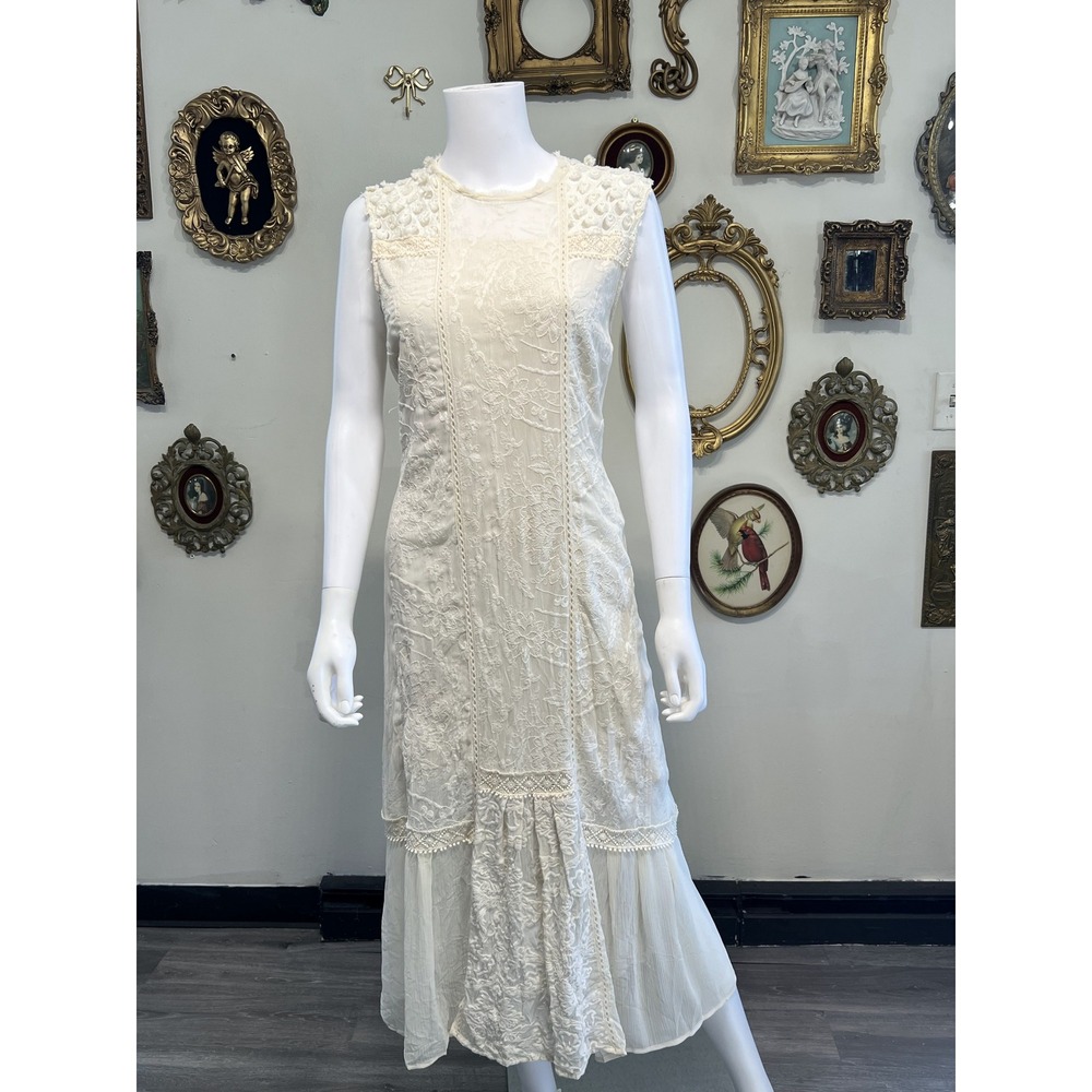 Anthropologie Tiny Petites Ivory Lace Embroidered Midi Dress Size SP